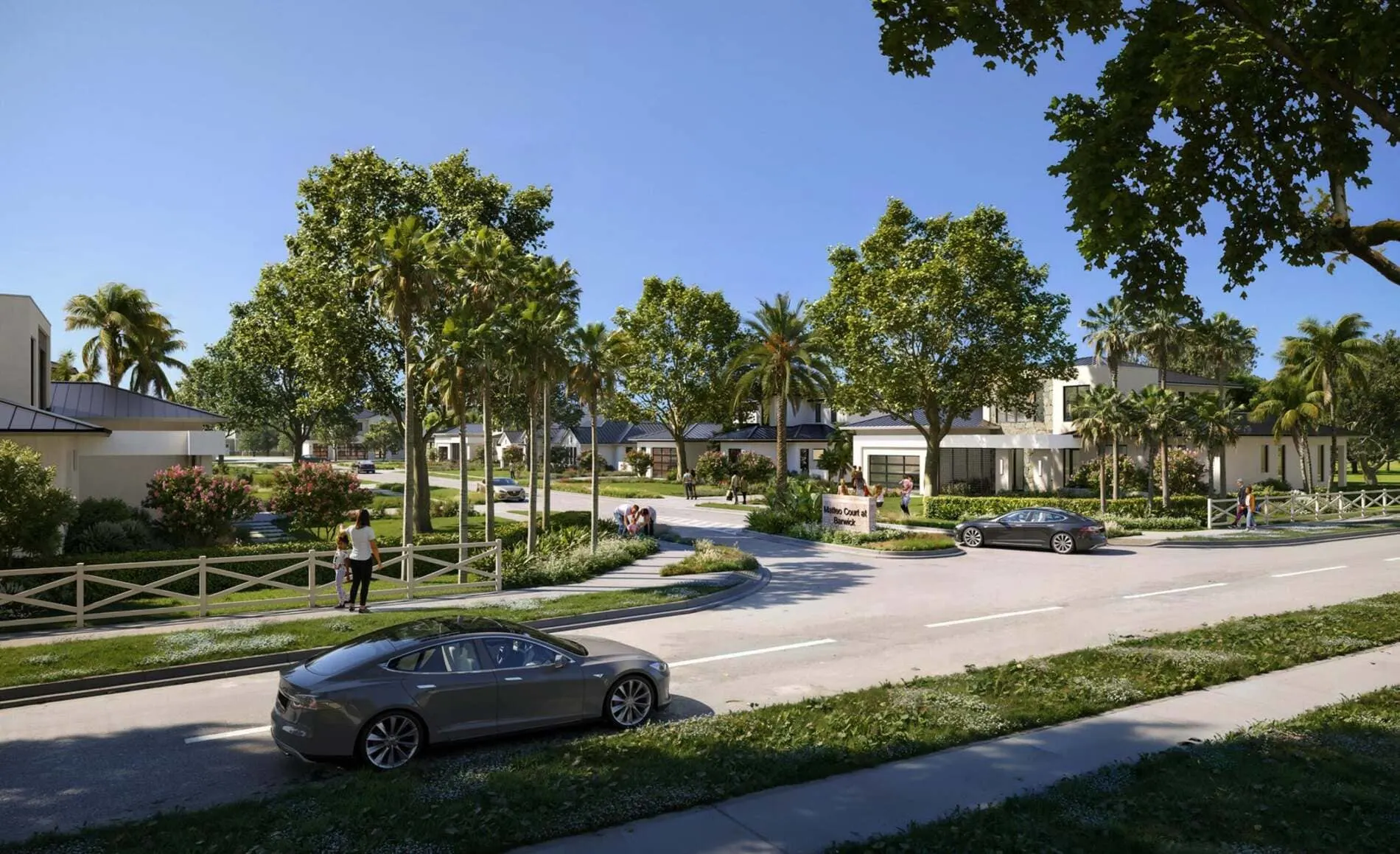 Street view of Matteo Court at Barwick in Delray Beach featuring modern homes, cars, palm trees, and families walking outside.