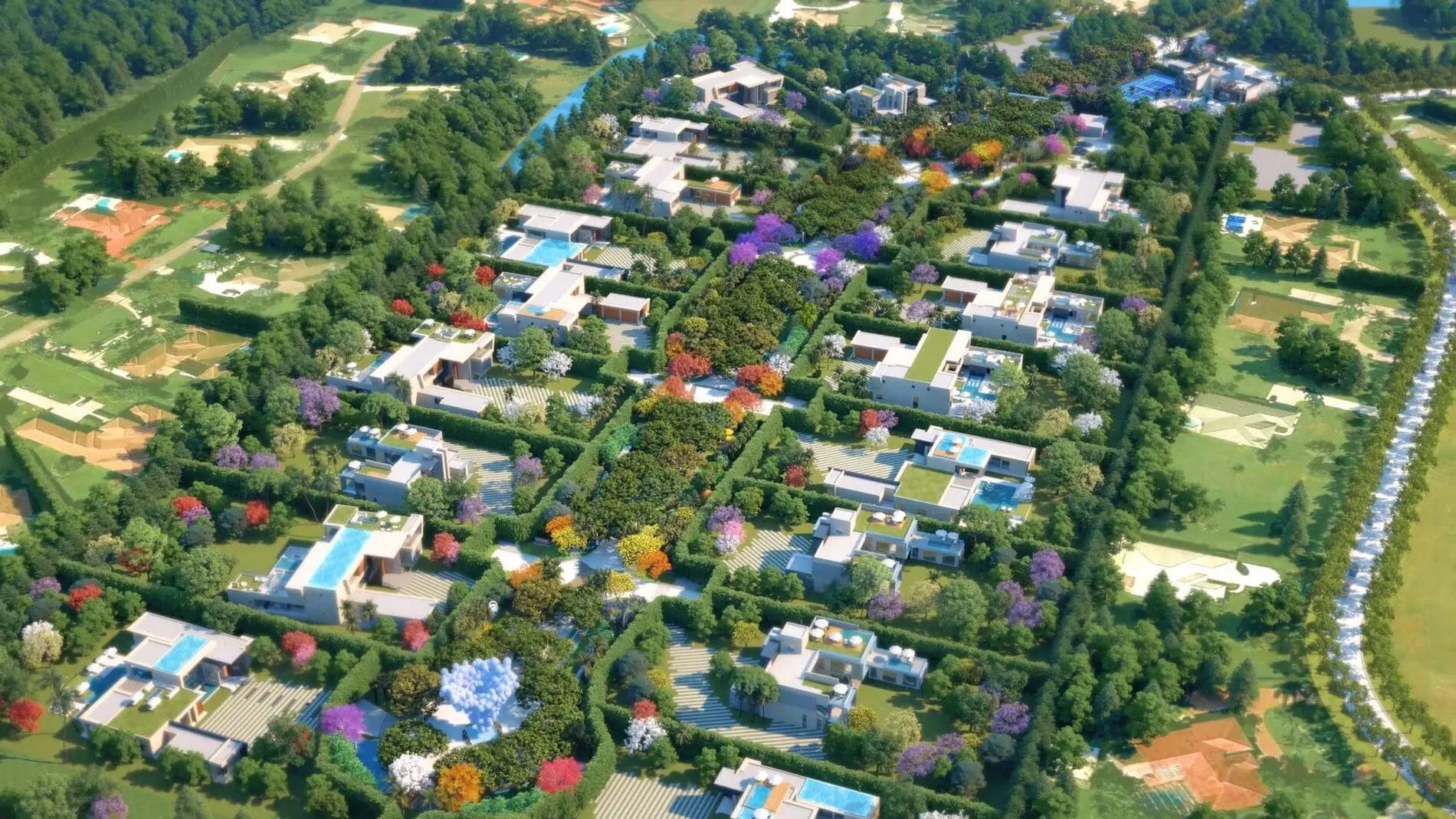 Aerial rendering of Modern Garden Estates in Delray Beach featuring luxury homes, private pools, and landscaped greenery.