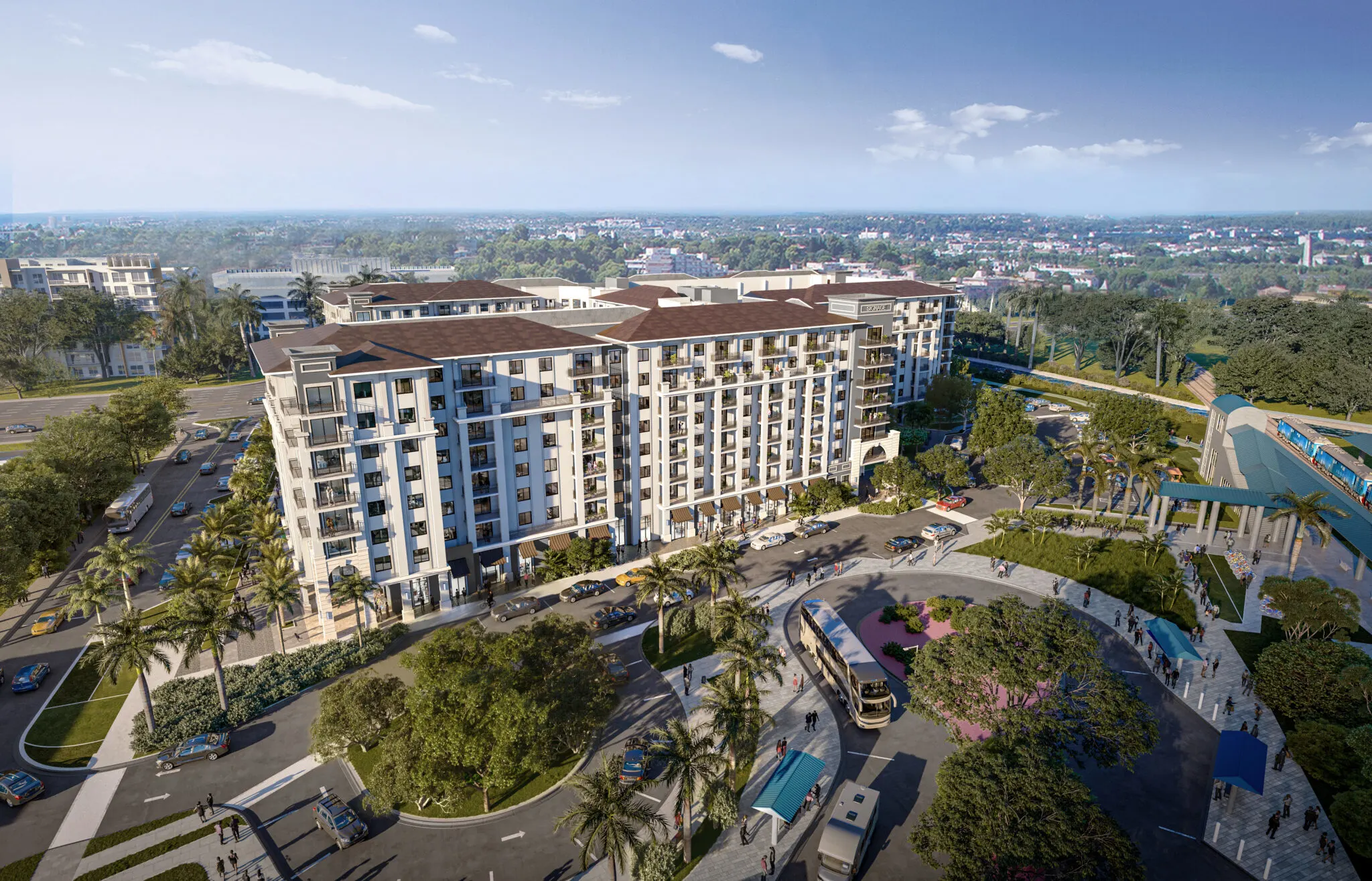 Aerial rendering of Link at Boca mixed-use development adjacent to Boca Raton Tri-Rail station, 8-story apartment building with ground-floor retail.